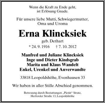 Anzeige  Erna Klincksiek  Lippische Landes-Zeitung