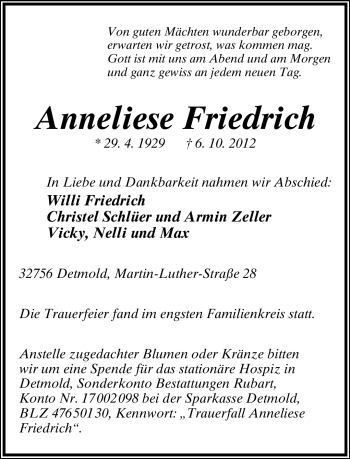 Anzeige  Anneliese Friedrich  Lippische Landes-Zeitung