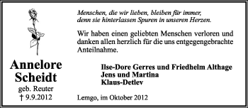 Anzeige  Annelore Scheidt  Lippische Landes-Zeitung
