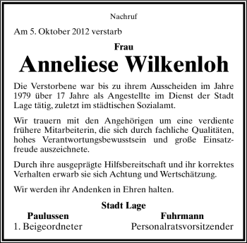 Anzeige  Anneliese Wilkenloh  Lippische Landes-Zeitung