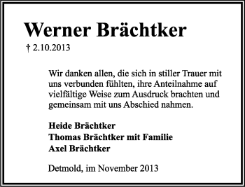 Anzeige  Werner Brächtker  Lippische Landes-Zeitung