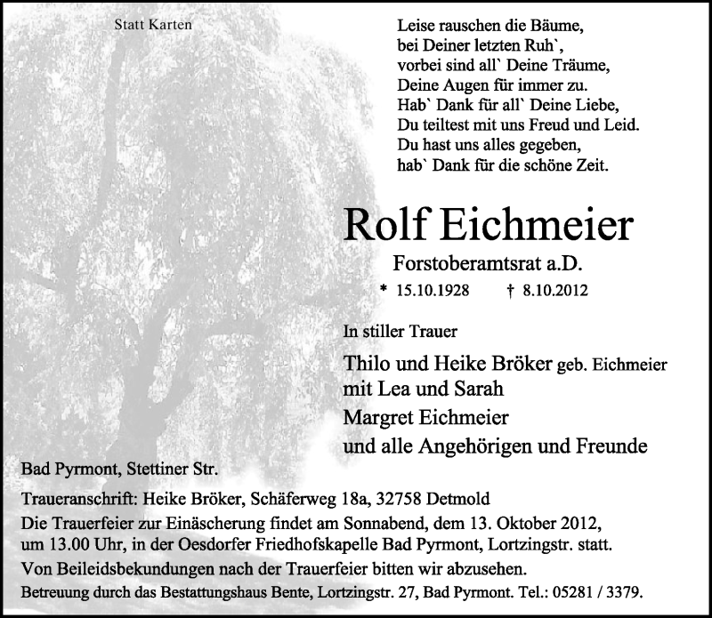  Traueranzeige für Rolf Eichmeier vom 10.10.2012 aus Lippische Landes-Zeitung