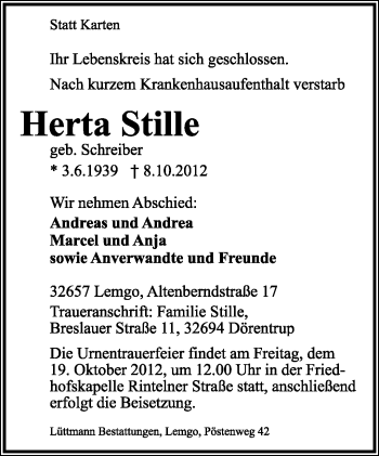 Anzeige  Herta Stille  Lippische Landes-Zeitung