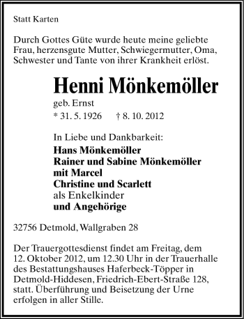 Anzeige  Henni Mönkemöller  Lippische Landes-Zeitung