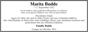 Anzeige  Marita Budde  Lippische Landes-Zeitung