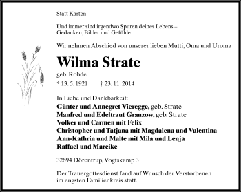 Anzeige  Wilma Strate  Lippische Landes-Zeitung