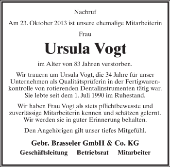 Anzeige  Ursula Vogt  Lippische Landes-Zeitung