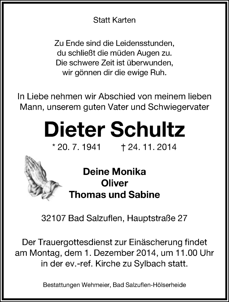  Traueranzeige für Dieter Schultz vom 27.11.2014 aus Lippische Landes-Zeitung