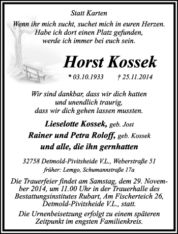 Anzeige  Horst Kossek  Lippische Landes-Zeitung
