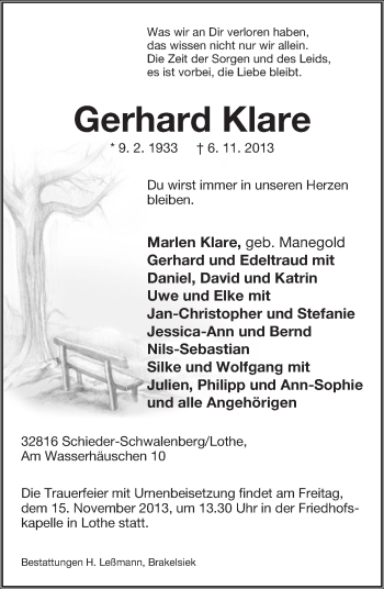 Anzeige  Gerhard Klare  Lippische Landes-Zeitung