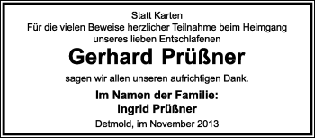 Anzeige  Gerhard Prüßner  Lippische Landes-Zeitung