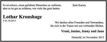 Anzeige  Lothar Kronshage  Lippische Landes-Zeitung