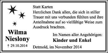 Anzeige  Wilma Niieslony  Lippische Landes-Zeitung