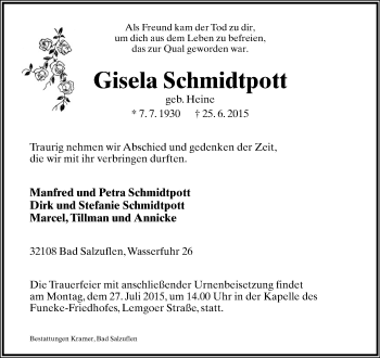 Anzeige  Gisela Schmidtpott  Lippische Landes-Zeitung