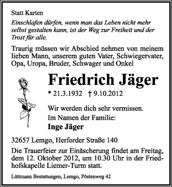 Anzeige  Friedrich Jäger  Lippische Landes-Zeitung