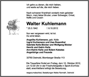 Anzeige  Walter Kuhlemann  Lippische Landes-Zeitung