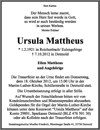 Anzeige  Ursula Mattheus  Lippische Landes-Zeitung