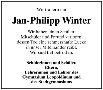 Anzeige  Jan-Philipp Winter  Lippische Landes-Zeitung