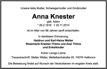 Anzeige  Anna Knester  Lippische Landes-Zeitung