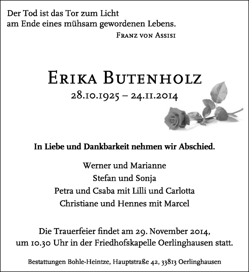  Traueranzeige für Erika Butenholz vom 27.11.2014 aus Lippische Landes-Zeitung