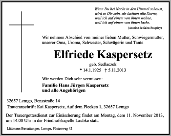Anzeige  Elfriede Kaspersetz  Lippische Landes-Zeitung