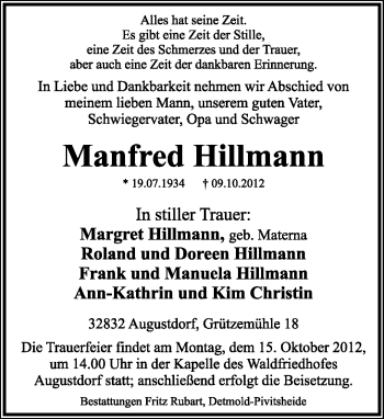 Anzeige  Manfred Hillmann  Lippische Landes-Zeitung