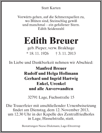 Anzeige  Edith Breuer  Lippische Landes-Zeitung