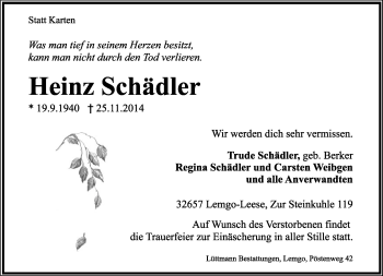 Anzeige  Heinz Schädler  Lippische Landes-Zeitung