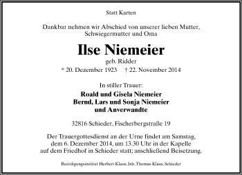 Anzeige  Ilse Niemeier  Lippische Landes-Zeitung