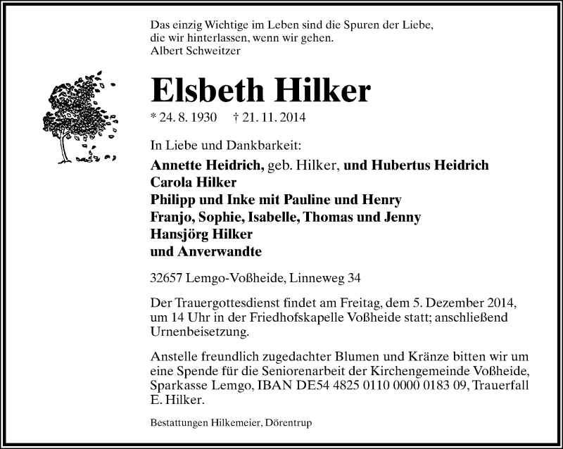  Traueranzeige für Elsbeth Hilker vom 29.11.2014 aus Lippische Landes-Zeitung