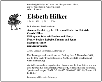 Anzeige  Elsbeth Hilker  Lippische Landes-Zeitung