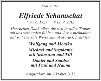 Anzeige  Elfriede Schamschat  Lippische Landes-Zeitung