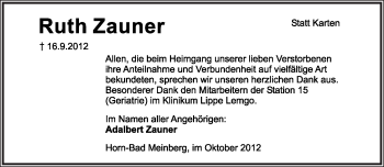 Anzeige  Ruth Zauner  Lippische Landes-Zeitung