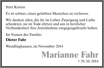 Anzeige  Marianne Fahr  Lippische Landes-Zeitung