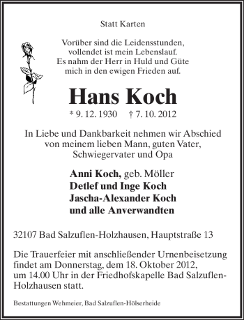 Anzeige  Hans Koch  Lippische Landes-Zeitung