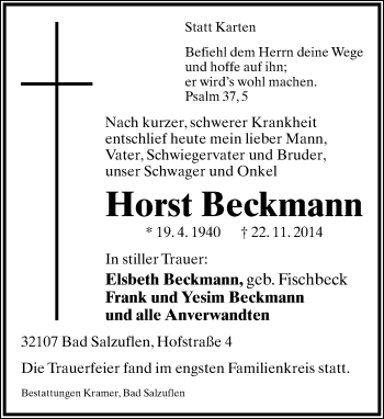 Anzeige  Horst Beckmann  Lippische Landes-Zeitung