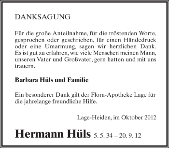 Anzeige  Hermann Hüls  Lippische Landes-Zeitung