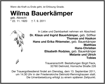 Anzeige  Wilma Bauerkämper  Lippische Landes-Zeitung