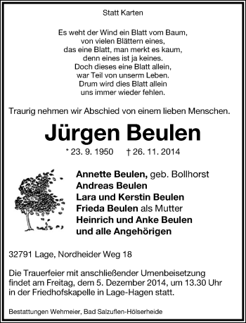 Anzeige  Jürgen Beulen  Lippische Landes-Zeitung