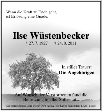 Anzeige  Ilse Wüstenbecker  Lippische Landes-Zeitung