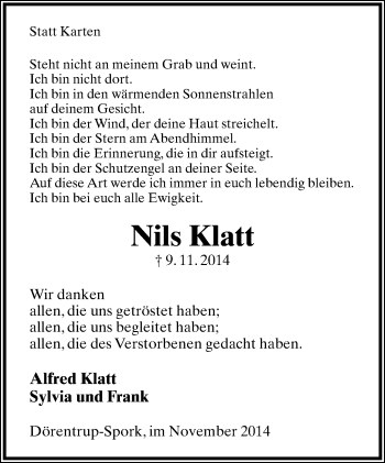 Anzeige  Nils Klatt  Lippische Landes-Zeitung