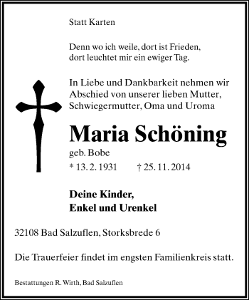 Anzeige  Maria Schöning  Lippische Landes-Zeitung