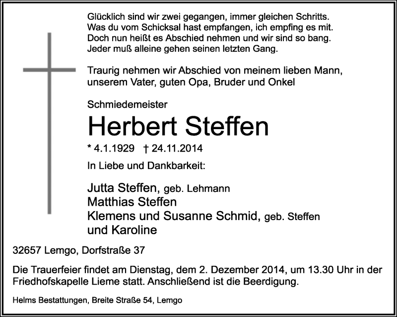  Traueranzeige für Herbert Steffen vom 29.11.2014 aus Lippische Landes-Zeitung