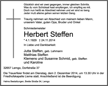 Anzeige  Herbert Steffen  Lippische Landes-Zeitung