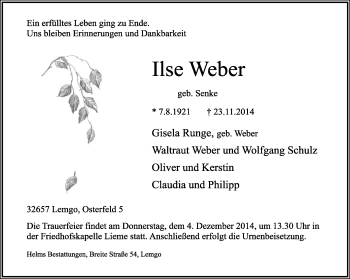 Anzeige  Ilse Weber  Lippische Landes-Zeitung