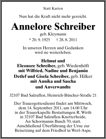Anzeige  Annelore Schreiber  Lippische Landes-Zeitung