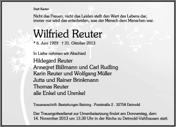Anzeige  Wilfried Reuter  Lippische Landes-Zeitung