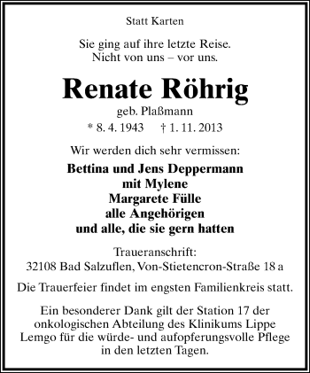 Anzeige  Renate Röhrig  Lippische Landes-Zeitung