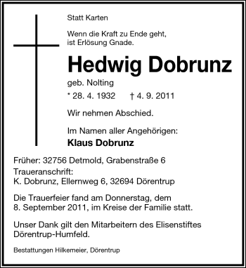Anzeige  Hedwig Dobrunz  Lippische Landes-Zeitung