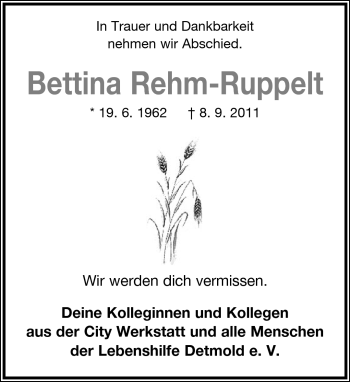 Anzeige  Bettina Rehm-Ruppelt  Lippische Landes-Zeitung